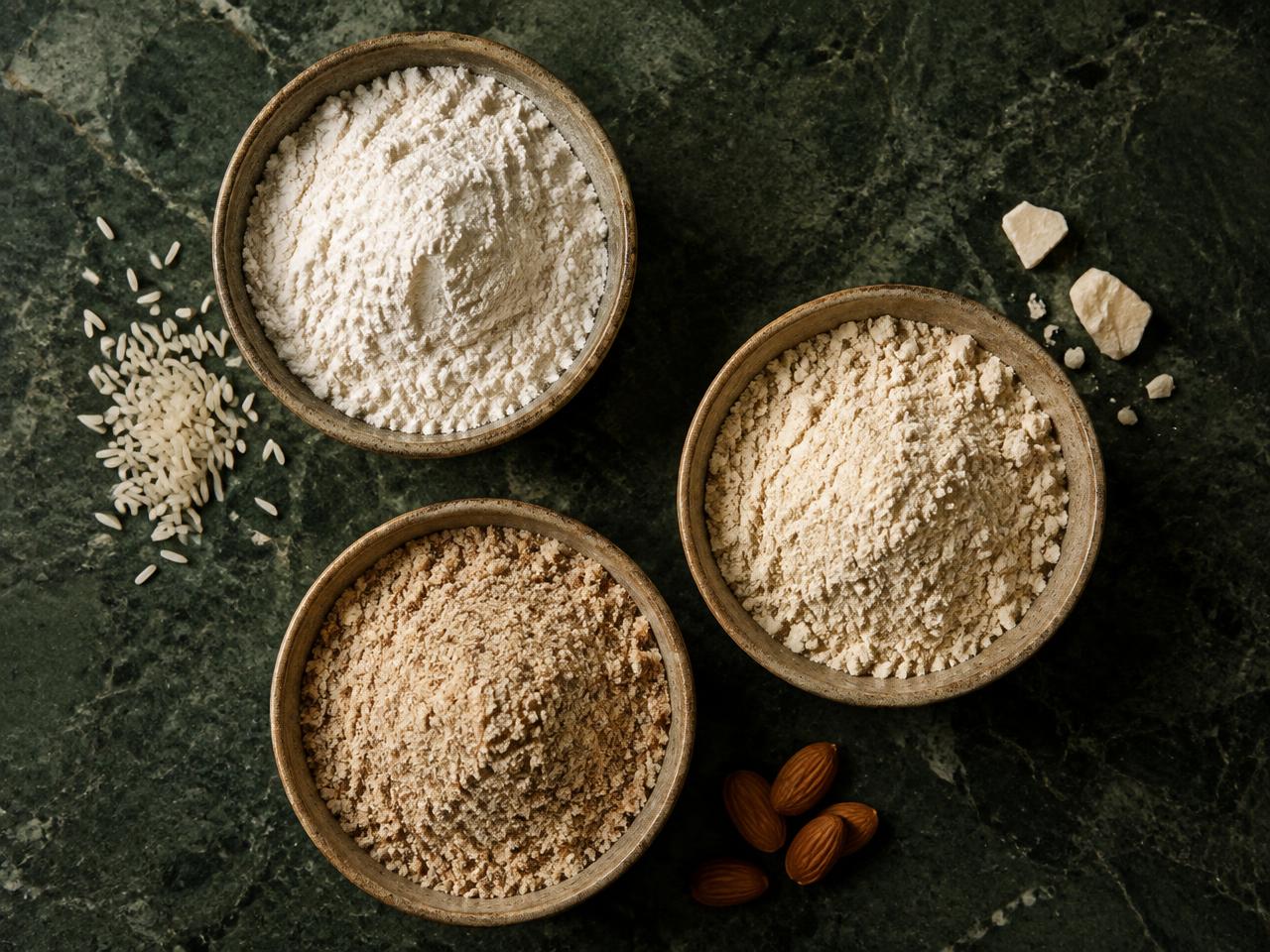 Tigelas com farinhas sem glúten de arroz, mandioca e amêndoas